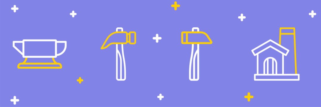 Set line Smithy workshop interior, Hammer, and Blacksmith anvil tool icon. Vector