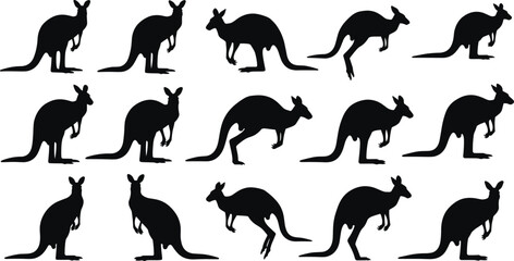Kangaroo Silhouette Vector Set Collection of Diverse Poses and Dynamic Jumps Black Australian Animal Mammal Jumper Icon Logo Design Element Isolated on White Background for Wildlife Nature Travel.