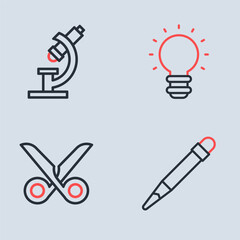 Set line Creative lamp light idea, Scissors, Pencil with eraser and Microscope icon. Vector
