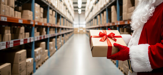 Santa Claus in traditional red costume holds a wrapped present with red ribbon in a warehouse filled with boxes, ready for online holiday order delivery.