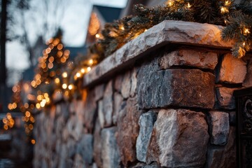 Festive Stone Wall with Christmas Lights at Dusk.