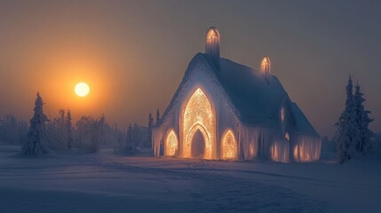 Enchanting Winter Chapel at Sunset - A Serene Arctic Scene.