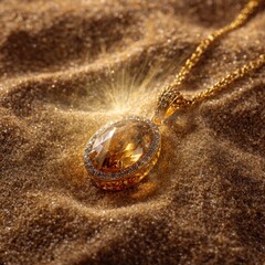 Elegant gold necklace with amber pendant on sand, close-up.