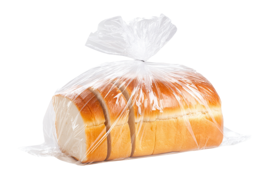 Sliced bread loaf in clear plastic bag on transparent background