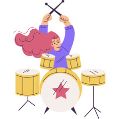 Young Woman with Long Wavy Hair Joyfully Playing Drum Set with Drumsticks Raised High in Celebration in a Studio Setting with a Star Design on the Bass Drum
