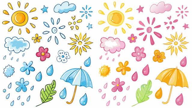 Hand drawn crayon pencil stroke doodle suns, snowflakes, raindrops, flowers, leaves, umbrellas, and clouds. Vector illustration