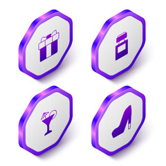 Set Isometric Gift box and heart, Perfume, Martini glass and Woman shoe icon. Purple hexagon button. Vector