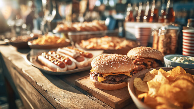 Super Bowl party food laid out on a wooden table: burgers, hot dogs, chips, and dips. Sports viewing snacks