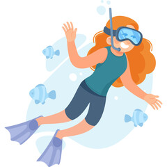 Young Woman With Red Hair Snorkeling Underwater Smiling Waving With Fins and Mask Exploring Ocean With Fish and Bubbles