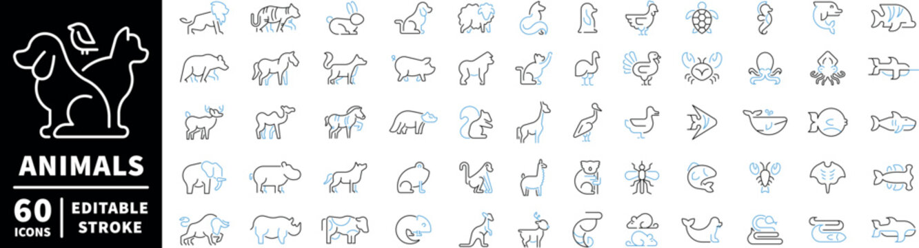 Animal icons set. editable line icons, outline, wildlife and fauna symbols