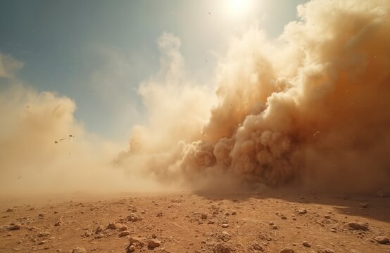 Massive dust cloud swirls across arid desert landscape. Dry earth kicks up debris creating turbulent atmospheric storm. Sunlight shines through hazy particles. Motion effect.