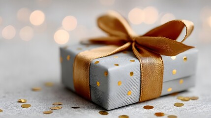 Elegant gift box with gold polka dots and a wide gold ribbon bow on a sparkling surface with bokeh background, holiday and celebration concept