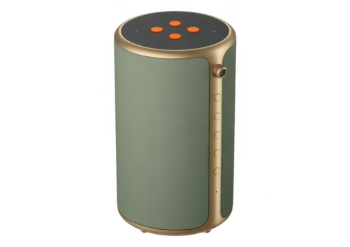 Cylindrical smart speaker with green body gold trim and orange buttons isolated on a transparent background