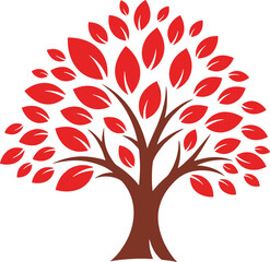 Red autumn tree illustration with falling leaves, seasonal design, nature symbol, vector tree artwork, eco friendly seasonal graphic