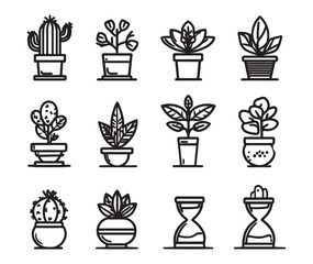 A set of simple line art vector icons featuring potted plants and flowers