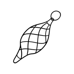 Teardrop-shaped Christmas tree decoration with grid pattern. Hand drawn illustration in line style.
