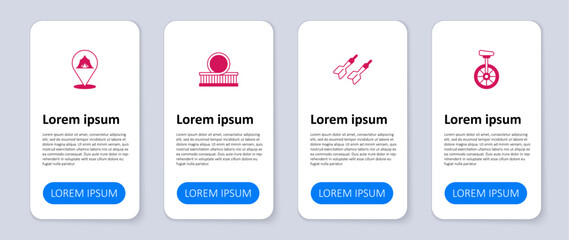 Set Unicycle, Dart arrow, Roller coaster and Circus tent. Business infographic template. Vector