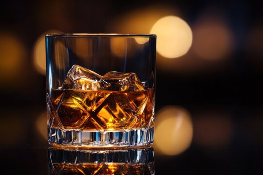 A glass of whiskey with ice cubes and a blurred background of bokeh lights. - Powered by Adobe