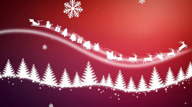 Silhouette of santa claus sleigh pulled by reindeer flying over snowy pine forest at night with gradient background