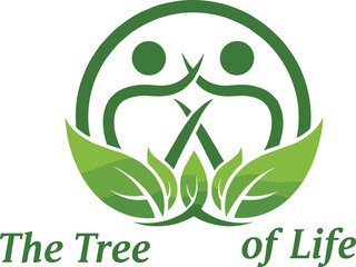 Creative green circular logo with two abstract human figures and leaves symbolizing community wellness, unity, and nature connection concept design.