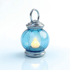 3D Mini Cute Icon of a Blue Glass Lantern with Metallic Silver Rim on a Plain Background Highlighting Decorative Ambient Light