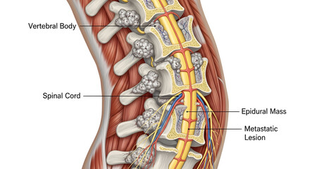 Human Spinal Column Illustration with Metastatic Lesions