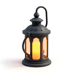3D Mini Cute Icon of a Black Iron Lantern with Orange Glow and Curved Handle on a Plain Background Showing Vintage Outdoor Lighting