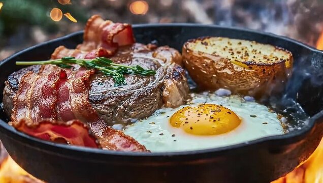 Cooking steak bacon and eggs in cast iron skillet over open fire for delicious outdoor breakfast feast