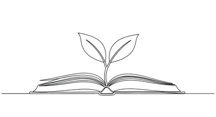 A single continuous line drawing of an open book with a plant sprout emerging from its pages symbolizing growth and knowledge