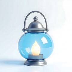 3D Mini Cute Icon of a Blue Glass Lantern with Metallic Silver Rim on a Plain Background Highlighting Decorative Ambient Light