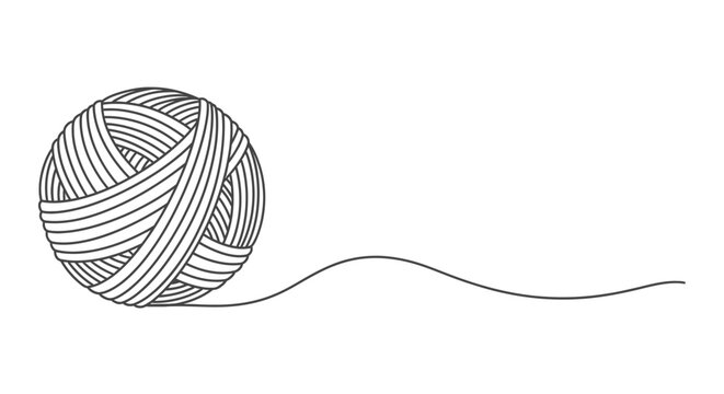 A minimalist line art illustration of a ball of yarn with a single strand unspooling across a white background