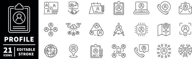 Profile and contact editable line icons set. networking and user interface graphics