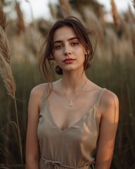 A young woman stands confidently amidst tall grass, exuding natural beauty and a serene aura