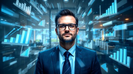 A businessman surrounded by data visualizations and graphs