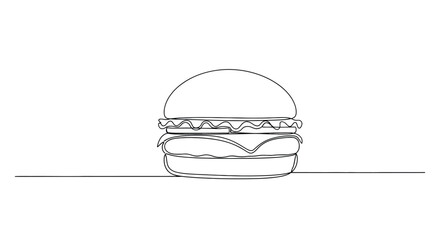 Minimalist single line drawing of a delicious cheeseburger with lettuce and bun on a white background