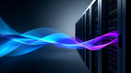 a server room with data flowing in and out in an abstract way. This image showcases the technological power behind data processing and storage