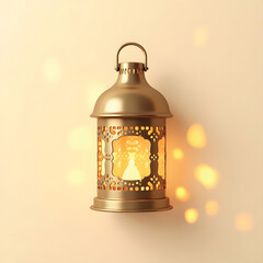 3D Mini Cute Icon of a Bronze Lantern with Patterned Cutouts Casting Warm Shapes on a Plain Background Showing Ornamental Glow