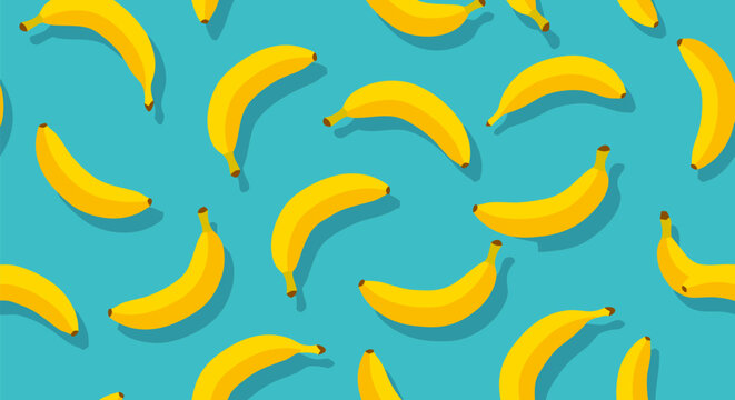 Colorful seamless vector background with a repeating pattern of ripe yellow bananas. Fresh tropical fruit illustration for food and diet concepts