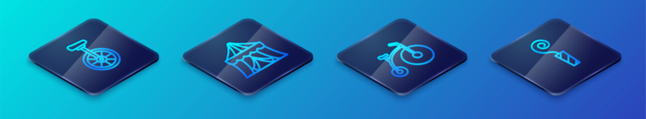 Set Isometric line Vintage bicycle, Unicycle, Birthday party horn and Circus tent icon. Vector © Iryna