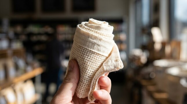 A close-up shot of a reusable mesh produce bag, promoting eco-friendly habits, is held in someone's hand, showcasing a commitment to reducing plastic waste in a grocery store setting.