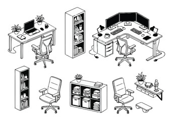 Modern Home Office and Workspace Furniture Set Isometric Line Art Illustration furniture icons interior design architecture