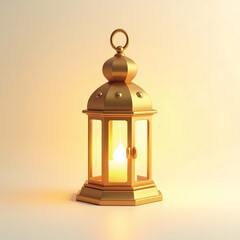 3D Mini Cute Icon of a Classic Golden Lantern with Transparent Glass Panels on a Plain Background Representing Warm Ambient Lighting