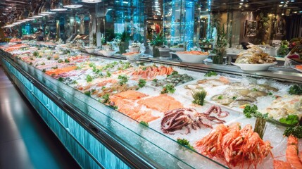 Seafood Market Display Featuring Fresh Octopus and Icy Seafood Selection in a Vibrant Setting