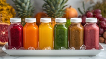a colorful array of fresh juice bottles arranged on a tray, with fruits in the background. The bottles showcase the vibrant colors and diverse flavors of a healthy juice selection