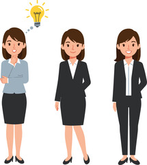 Professional business woman characters standing in different poses, idea light bulb thinking concept, confident corporate female illustration for workplace design.