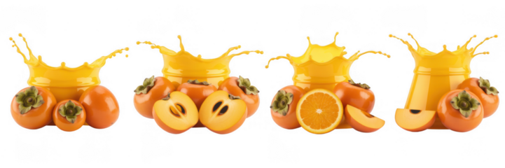 Orange persimmons and orange slices with yellow liquid splashes isolated on a transparent background