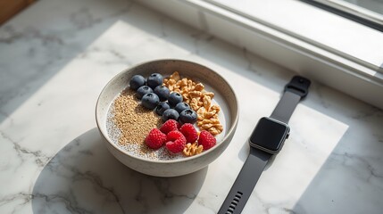 A healthy breakfast bowl with berries, walnuts, and a smart watch next to it, captured in the natural sunlight