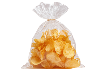 Golden potato chips collected inside clear plastic bag on transparent background