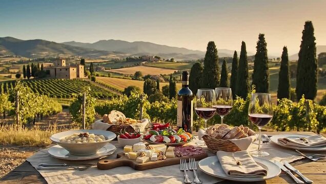 Italian picnic with wine cheese and caprese salad in tuscany vineyard gourmet food and drink day