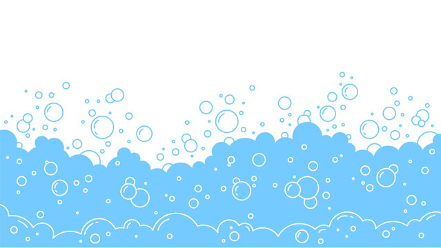 Foam and water bubble background for laundry or bath and soapy shower design. Clean suds and blue splash for hygiene concept. Bathroom graphic, liquid texture or abstract underwater vector border